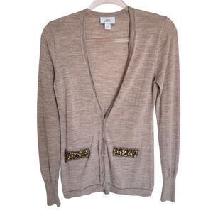 Ann Taylor Wool Knit Beaded Pockets Sweater Cardigan Jacket